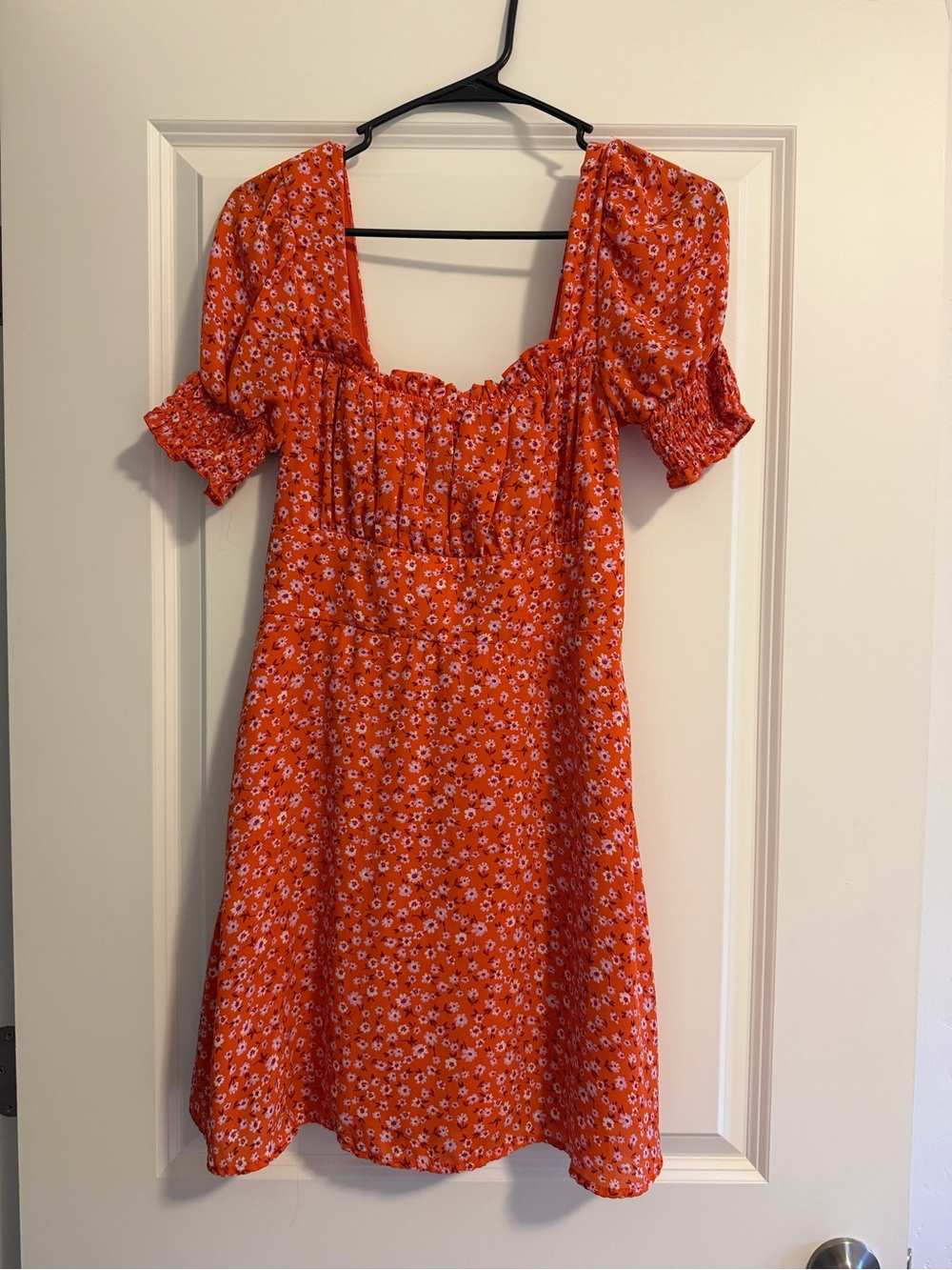 Orange Floral Puff-Sleeve Mini Dress